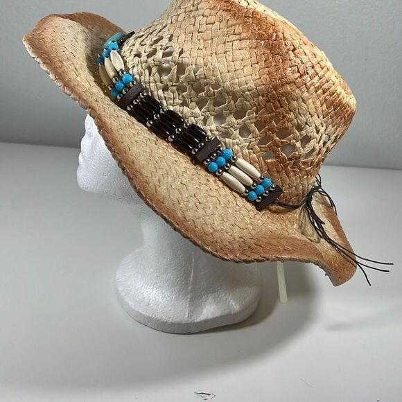 100% Paper Cowboy Hat w/ Turquoise & Brown Band. Beige. OSFM. - Picture 2 of 9